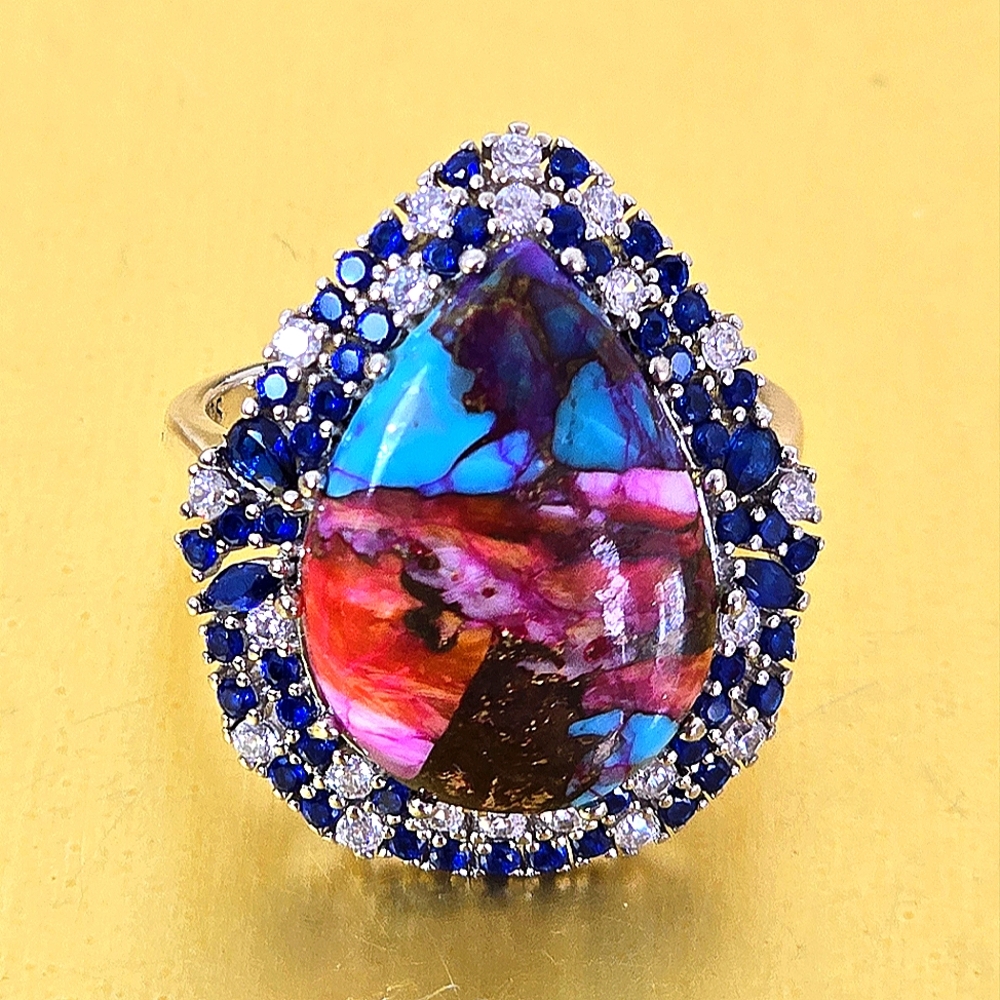 925 Sterling Silver Ring Sz 7.5 with Mohave Oyster Turquoise & Nano Crystals